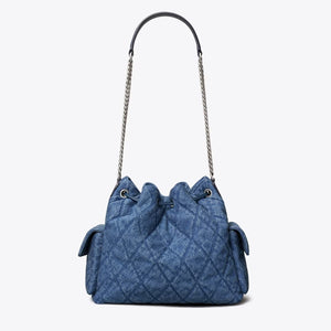 CHARLIE QUILTED DENIM DRAWSTRING SHOULDER BAG