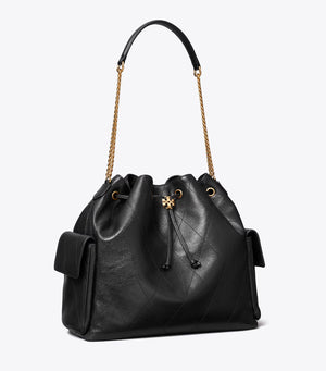 LARGE CHARLIE QUILTED DRAWSTRING SHOULDER BAG Black