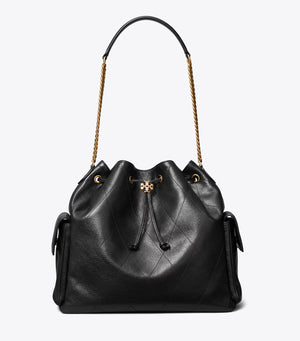 LARGE CHARLIE QUILTED DRAWSTRING SHOULDER BAG Black