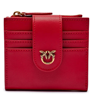 small smooth leather wallet with logo in red