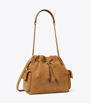 CHARLIE QUILTED SUEDE DRAWSTRING SHOULDER BAG toffee