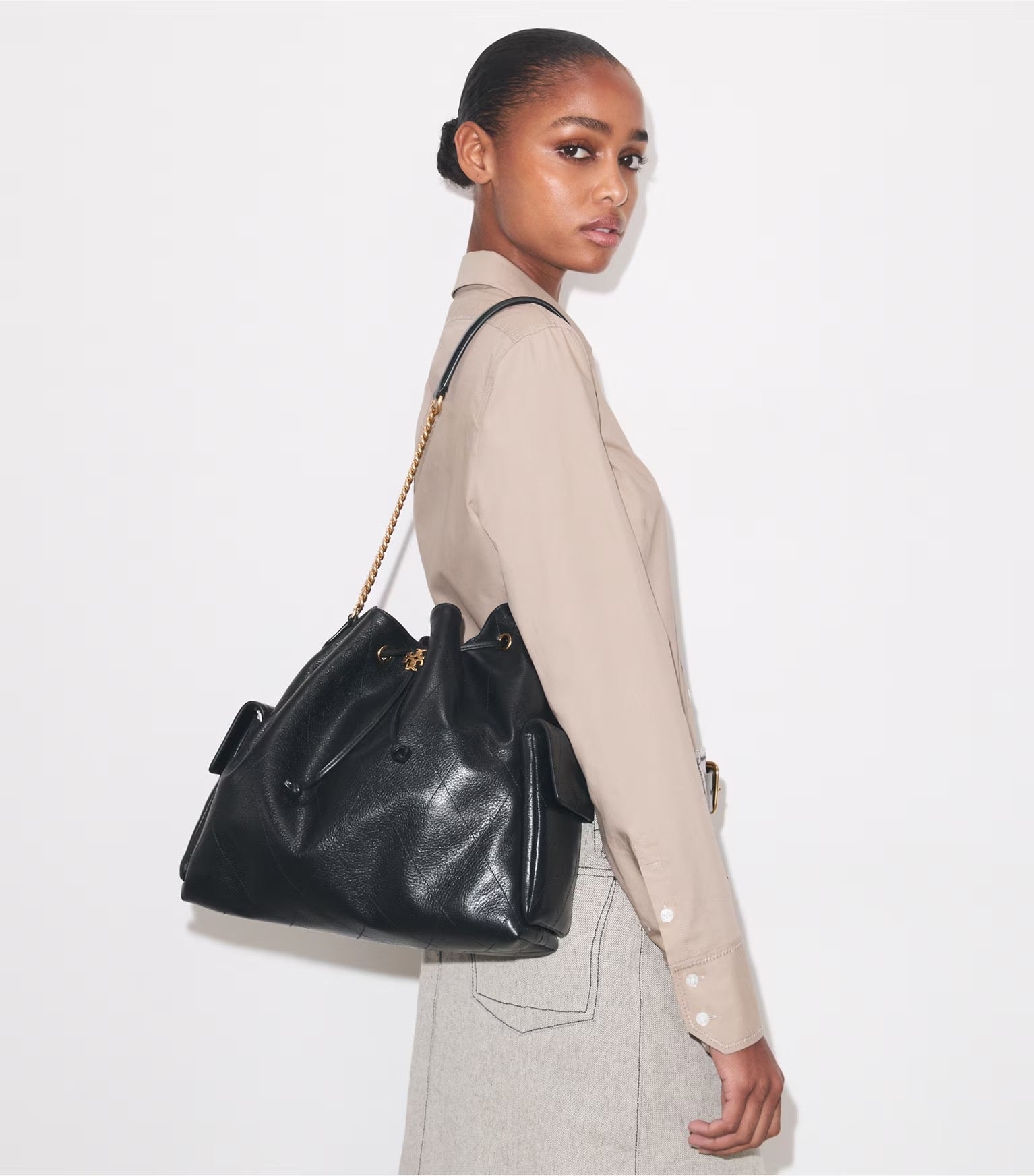 LARGE CHARLIE QUILTED DRAWSTRING SHOULDER BAG Black