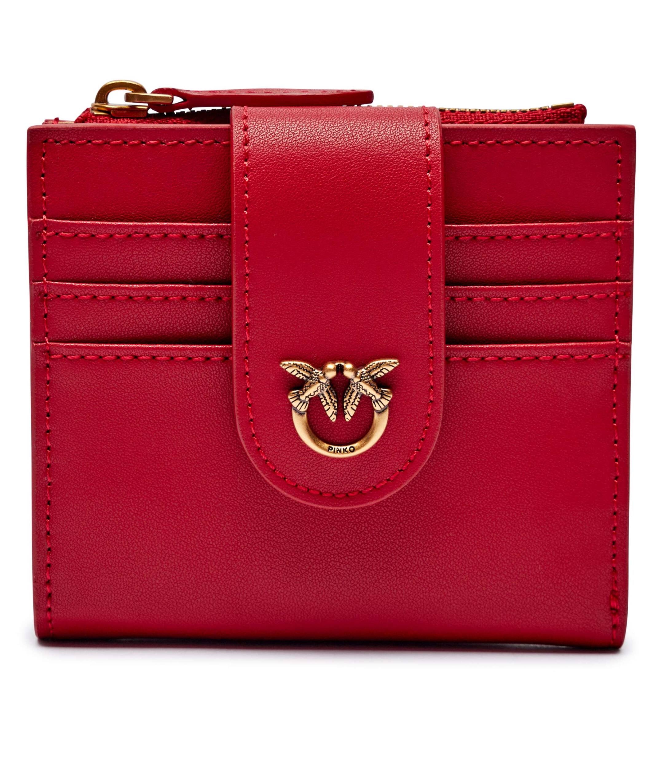 small smooth leather wallet with logo in red