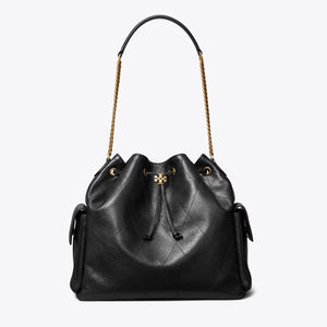 Large Charlie Quilted Drawstring Shoulder Bag Black