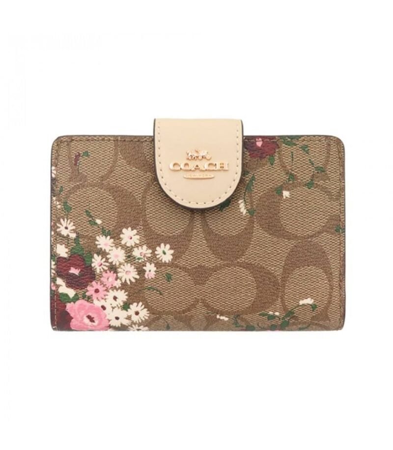 Medium Corner Zip Wallet In Signature Canvas With Evergreen Floral Print